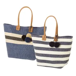 Striped canvas bag with faux leather handles