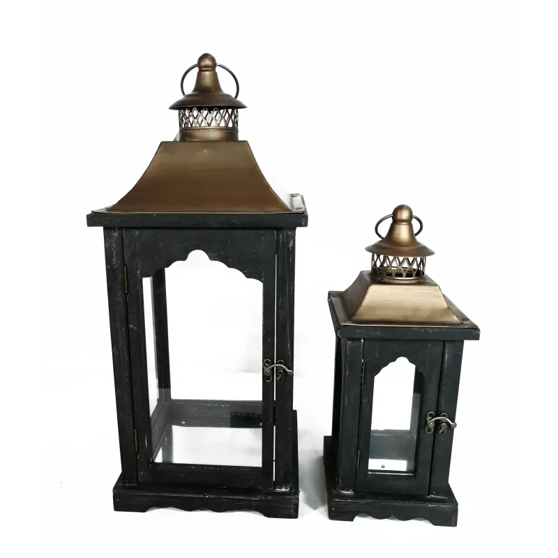 Square Lanterns in Black Metal and Wooden Roof