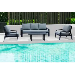 Grijze aluminium loungeset met 3-zitsbank, 2 fauteuils en salontafel