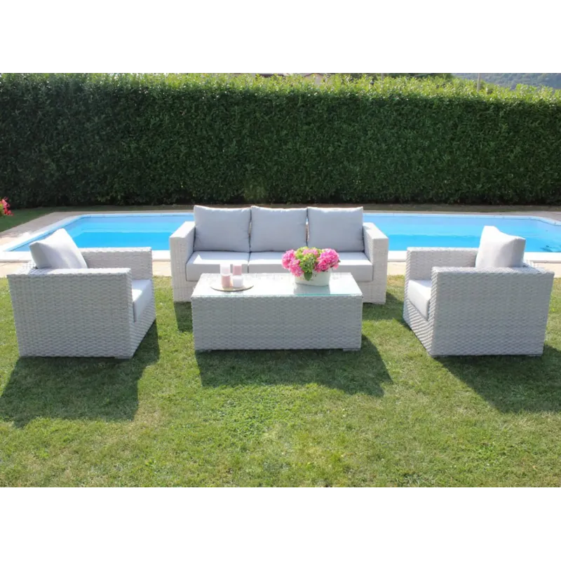 Menfi Living Room Sofá de 3 plazas, 2 sillones, mesa de centro. Blanco
