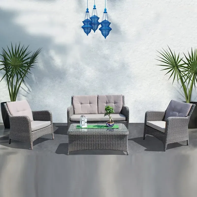 Salotto Lipari Sofá de 2 plazas, 2 sillones, mesa de centro y cojines