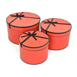 Set de 3 Cajas Redondas Rojas con lazo negro, ideal para cajas de regalo