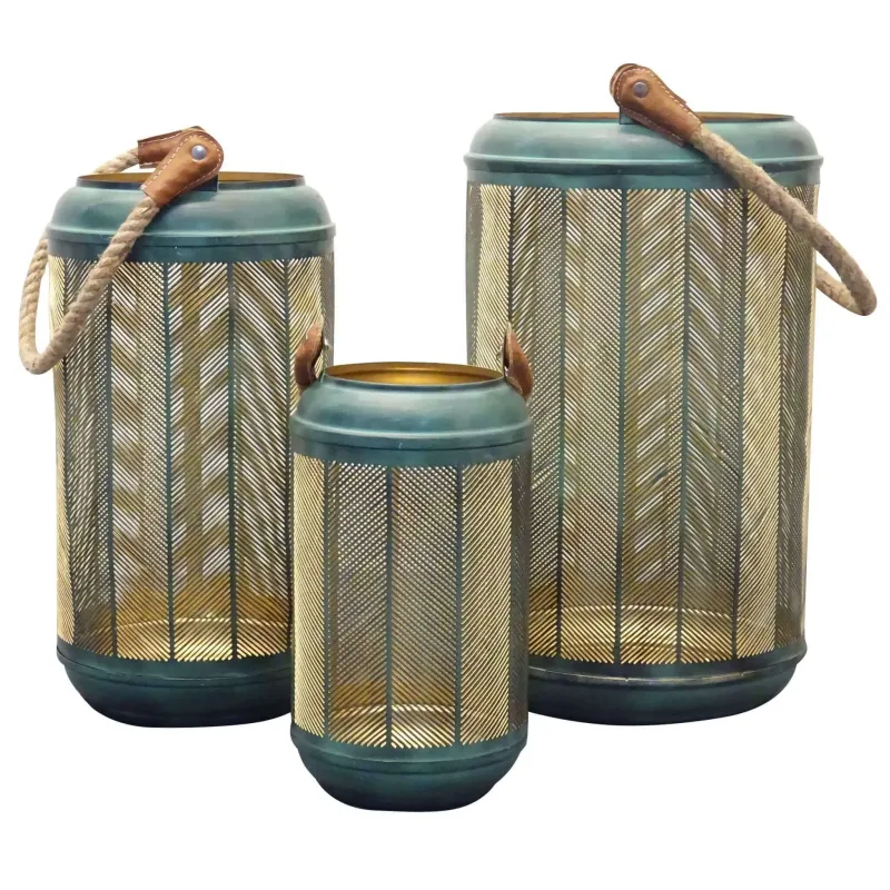 Set de 3 farolillos Clark en metal decorado en negro y verde