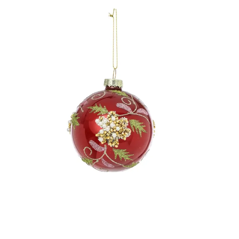Red Glass Sphere with Glitter Flower Decoration 80 mm