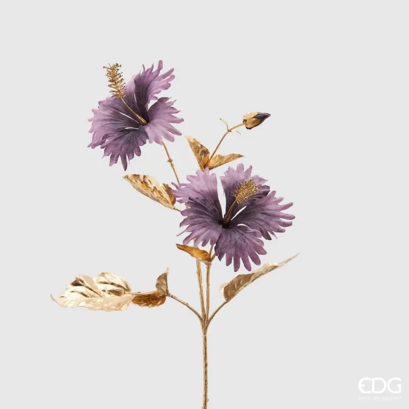 Lavender Hibiscus Branch with Gold Stem H 68 Cm