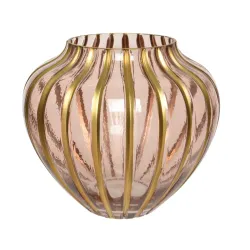 Jarrón de Cristal Rosa con Rayas Doradas h 22 Cm