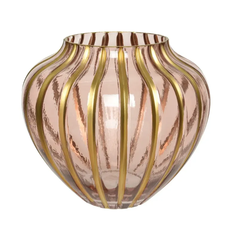 Jarrón de Cristal Rosa con Rayas Doradas h 22 Cm