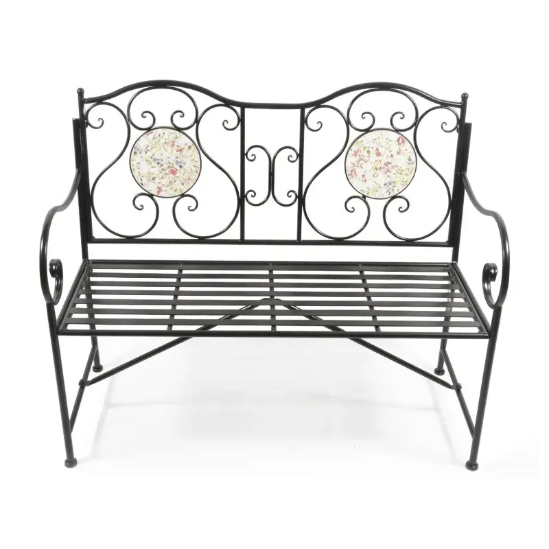 Black Metal Bench with floral ceramics.