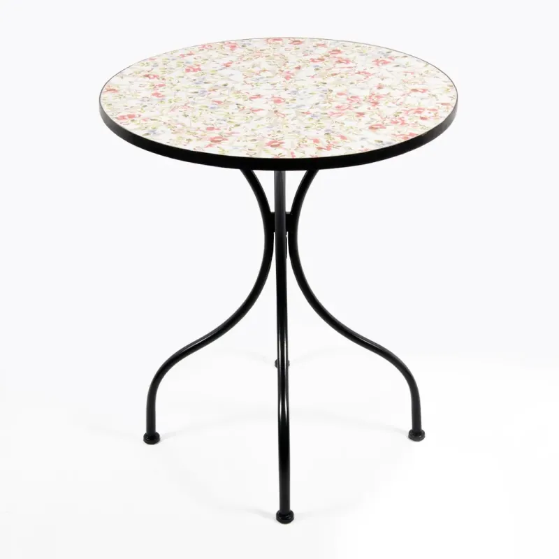 Tavolo in Metallo Nero con Decoro in Ceramica