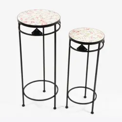 Set van 2 zwarte metalen salontafels met keramische decoratie