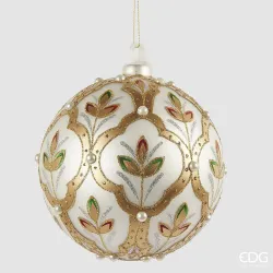 Esfera de Vidro Branco e Dourado com Flores em Dois Tamanhos EDG