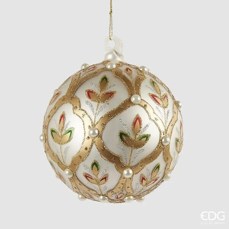 Glass Sphere with White and Gold Flowers diameter cm. 12 EDG