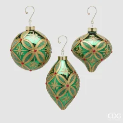 Addobbo Sfera Trottola Fuso Rubini Verde con Decori Oro cm.10 EDG
