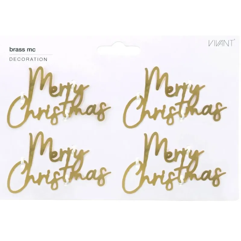 4 Merry Christmas Gold Decorations 8x5 cm