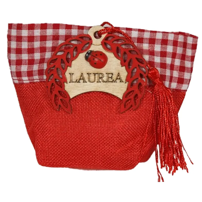 6 Examenspåsar i rött tyg med lagerblad