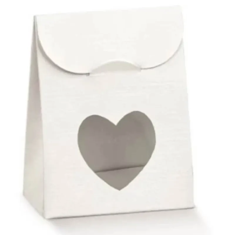 10 Bolsas de Almendras Azucaradas con Ventana Corazón Fibra Blanca mm. 60x35x80 h