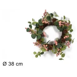 Drewniana girlanda z różowymi jagodami i szyszkami 38 cm