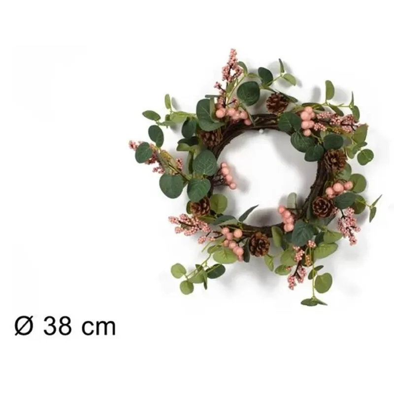 Porta de madeira atrás com bagas rosa e pinhas cm 38 | ChartaRè