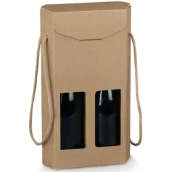 Caja Hexagonal para 2 Botellas con Cordones y Ventana, Ideal para presentar y enviar botellas de forma segura