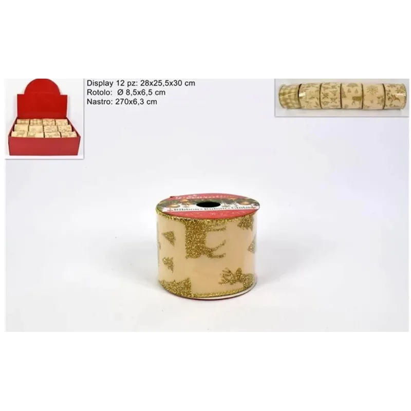 Beige fluwelen lint met gouden decoraties mm 63x2,7 mt