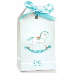 10 růžových a světle modrých křestních sáčků Cavallino v kartonu s MODRÝM otvorem