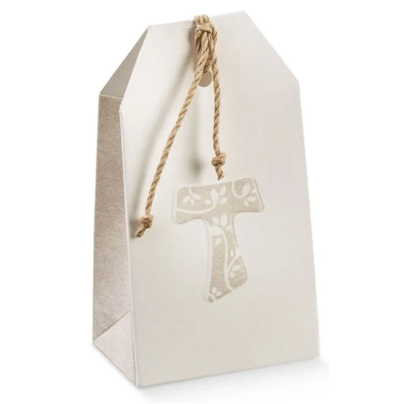 10 Sachets de Dragées avec Croix Tau en Carton avec Trou