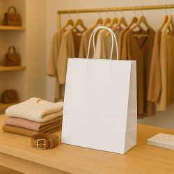 Saco de compras de papel kraft branco com cabo de cordão, 6 tamanhos para lojas, boutiques e eventos