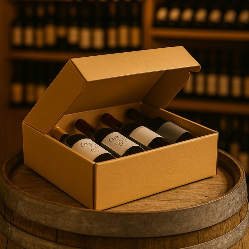 Boîte pour 4 bouteilles plates en carton doré résistant
