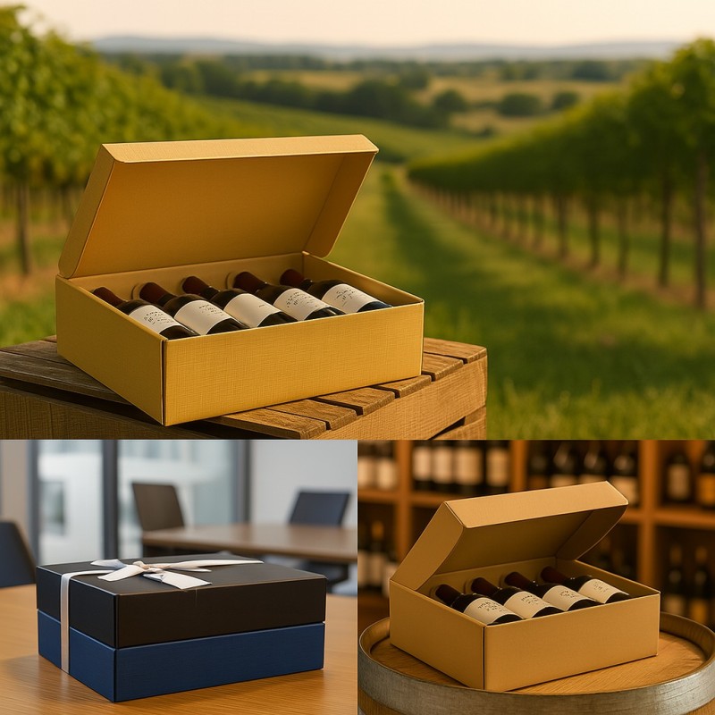 Boîte pour 6 bouteilles à plat en carton résistant pour les bars à vin, les caves et les événements d’entreprise