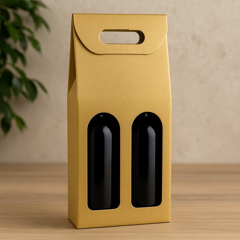 Boîte à vin pour 2 bouteilles avec fenêtre en carton doré