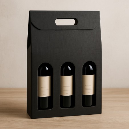 Caixa de vinho 3 garrafas com janela em cartão preto resistente
