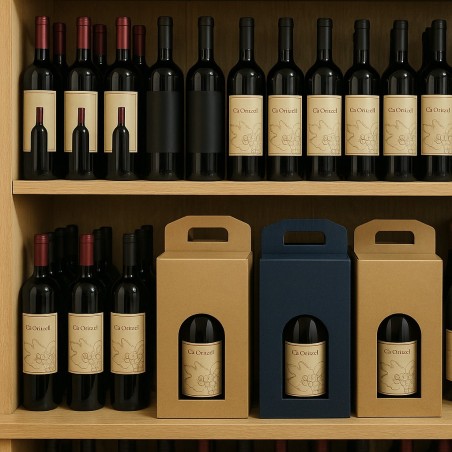 Caixa de vinho 4 garrafas com janela em cartão colorido resistente