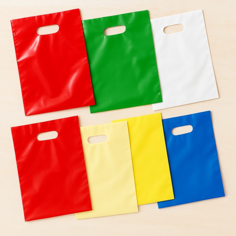 Bolsas de Plástico de Colores con Asa Troquelada, Caja de 10 kg, ideales para tiendas