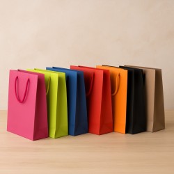Luxury shopping bag in colored plasticized paper with drawstring, pack of 12 pcs