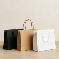 Luxury Horizontal Manual Tote Bags in Rigid Kraft Paper with Lanyards, Pack of 100 pcs
