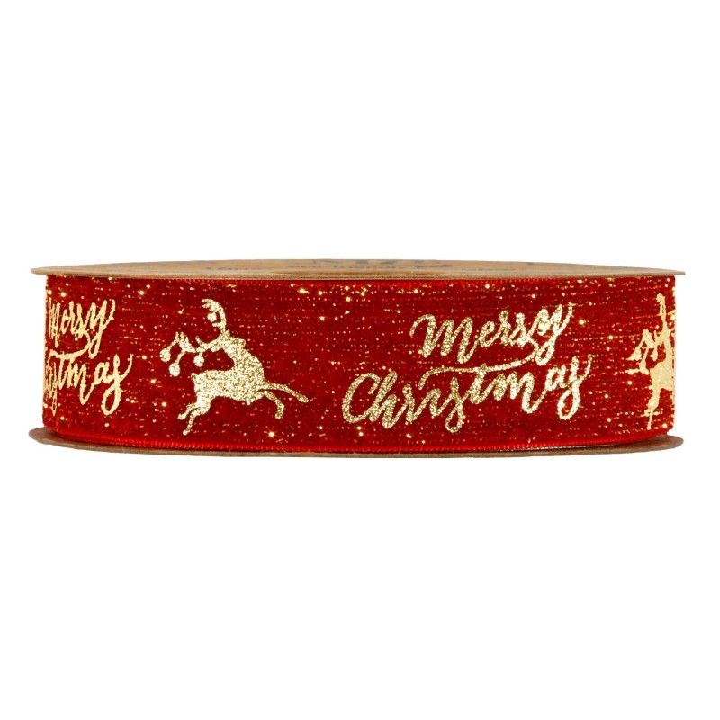 Merry Christmas Red Velvet Ribbon with gold print mm.25x10 mt.