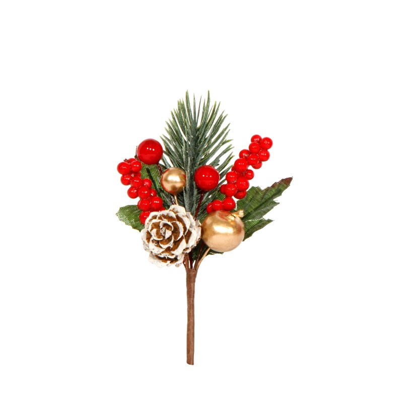 Pick con Bacche Rosse, Oro e Pigna Altezza cm.12
