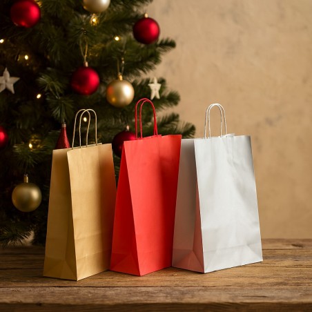 25 Diverse Christmas Mix Shopper med sladd i guld, silverröd i tre storlekar