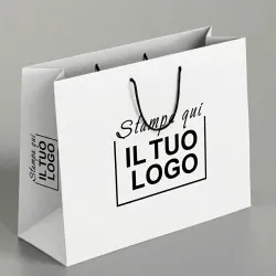Shopper Premium Orizzontale in Carta Bianca con Stampa Personalizzata Nero