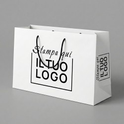 Premium Horizontal Shopper in Matt White Plastic-coated Paper with Black Custom Print.