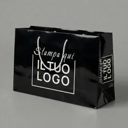 Shopper Premium Orizzontale in Carta Nera Plastificata Lucida con Stampa Personalizzata Bianca.