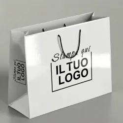 Shopper Premium Orizzontale in Carta Bianca Plastificata Lucida con Stampa Personalizzata Nero.