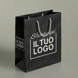 Shopper Premium Verticale in Carta Nera Plastificata Opaca con Stampa Personalizzata Bianca