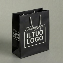 Premium Vertical Shopper in Matt Black Plasticized Paper with White Custom Printing