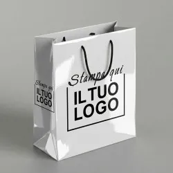 Shopper Premium Verticale in Carta Bianca Plastificata Lucida con Stampa Personalizzata Nero