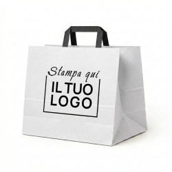 Shopper Carta Bianca Personalizzata con Maniglia Piatta Nera e Stampa Logo Nero