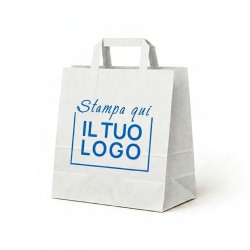 White Paper Shopper with Flat Handle and Custom Printing in 1 Blue Color