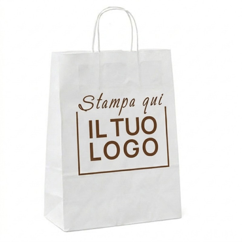 Shopper Carta Bianca con Maniglia Cordino e Stampa Personalizzata a 1 Colore Marrone