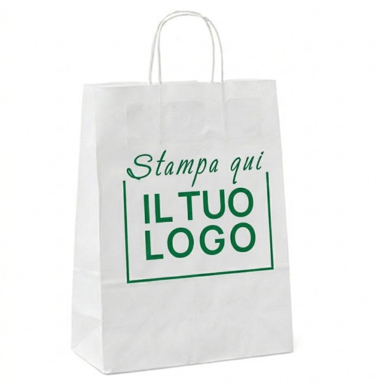 Shopper Carta Bianca con Maniglia Cordino e Stampa Personalizzata a 1 Colore Verde