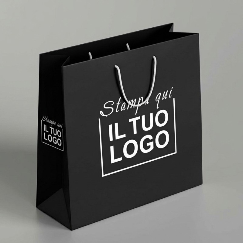 Shopper Premium Verticale in Carta Nera con Stampa Personalizzata Bianco